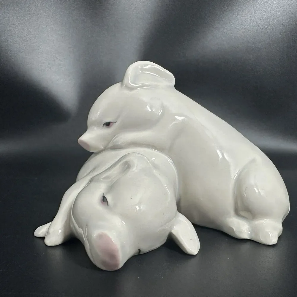 VTG USA Fine Porcelain Pig Figurine 6.25” Resting Pigs Mid Century Decor